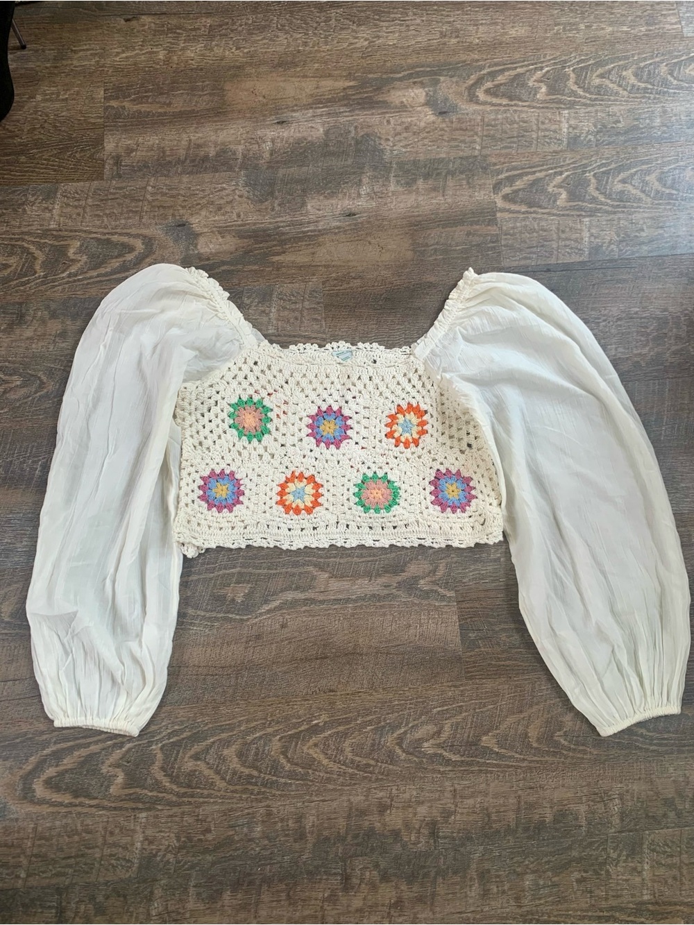 aerie Boho Crochet Puff-Sleeve Crop Top with Multicolor Granny Floral Squares